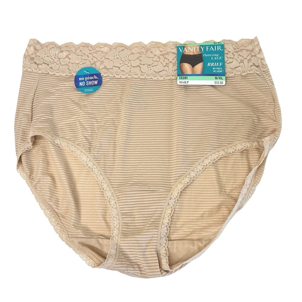 Vanity Fair Beige Nude Stripe Lace Brief Panties Size 8/XL One Pair NWT